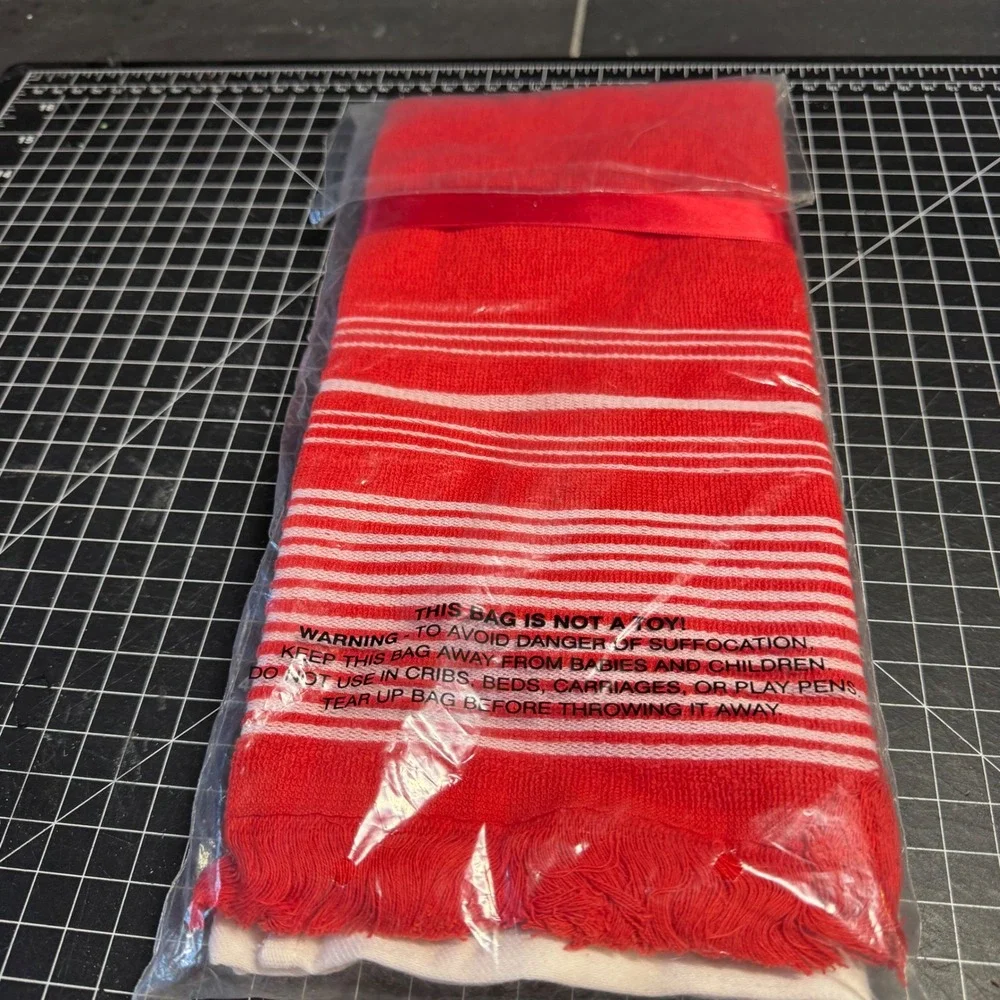 New Merry Christmas Embroidered Waffle Weave Kitchen Towel Set of 2 Red White